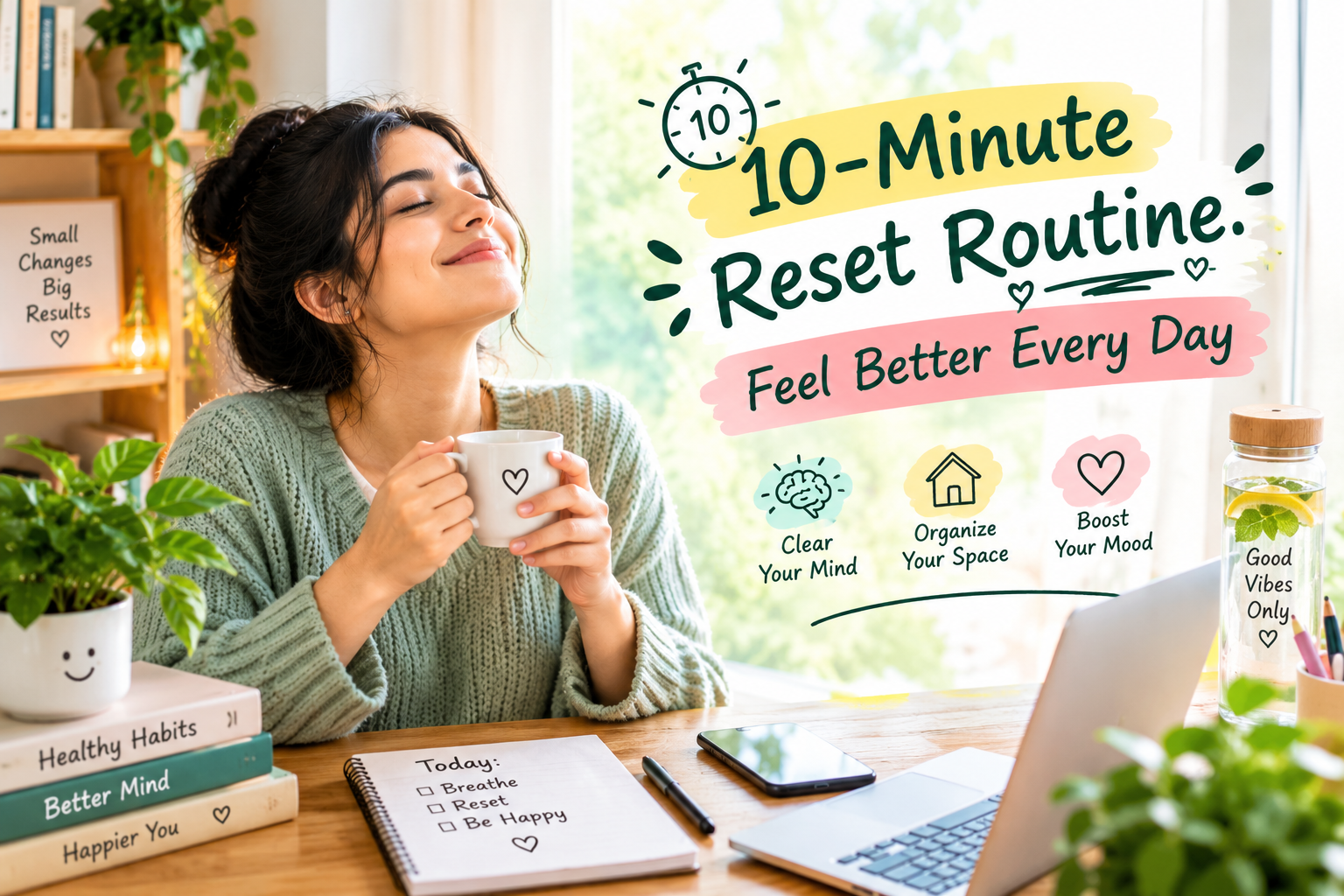Woman enjoying a calm 10-minute reset routine at a cozy desk with a mug, journal, plants, and laptop
