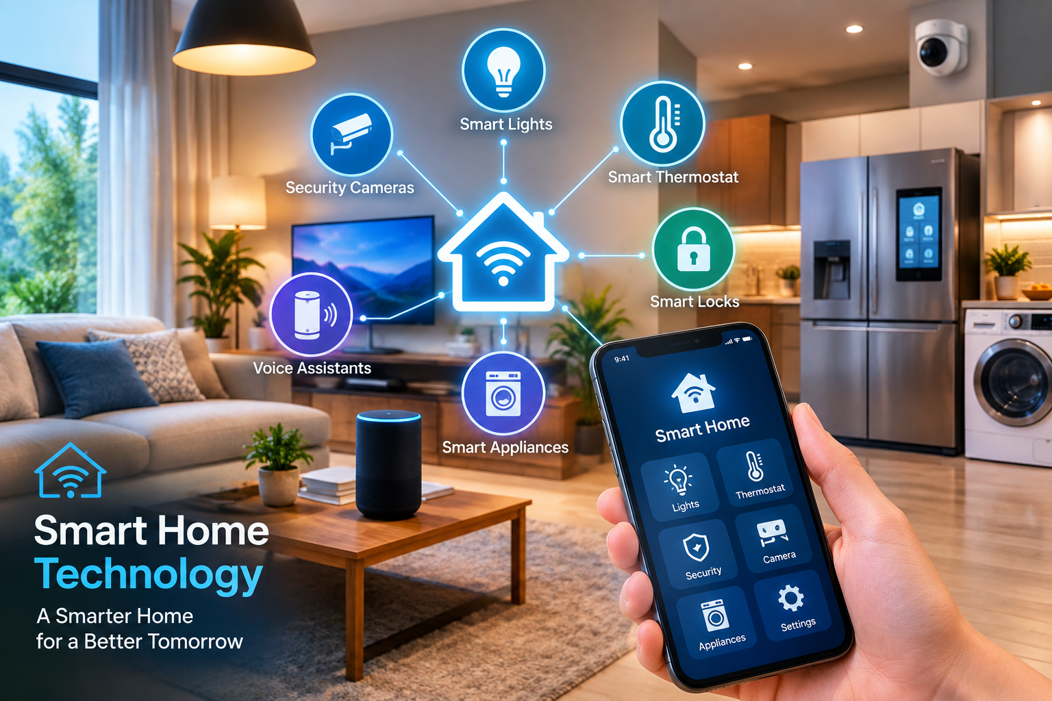 Smart home technology with connected devices, smart lights, security cameras, thermostat, and appliances