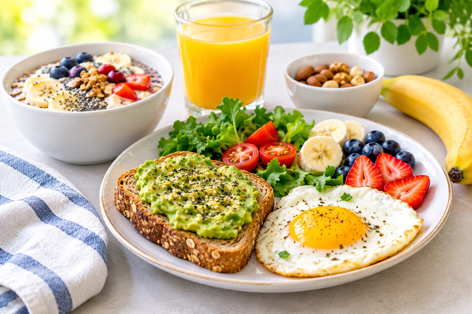Quick healthy breakfast ideas with avocado toast, eggs, fruit, yogurt, and nuts.