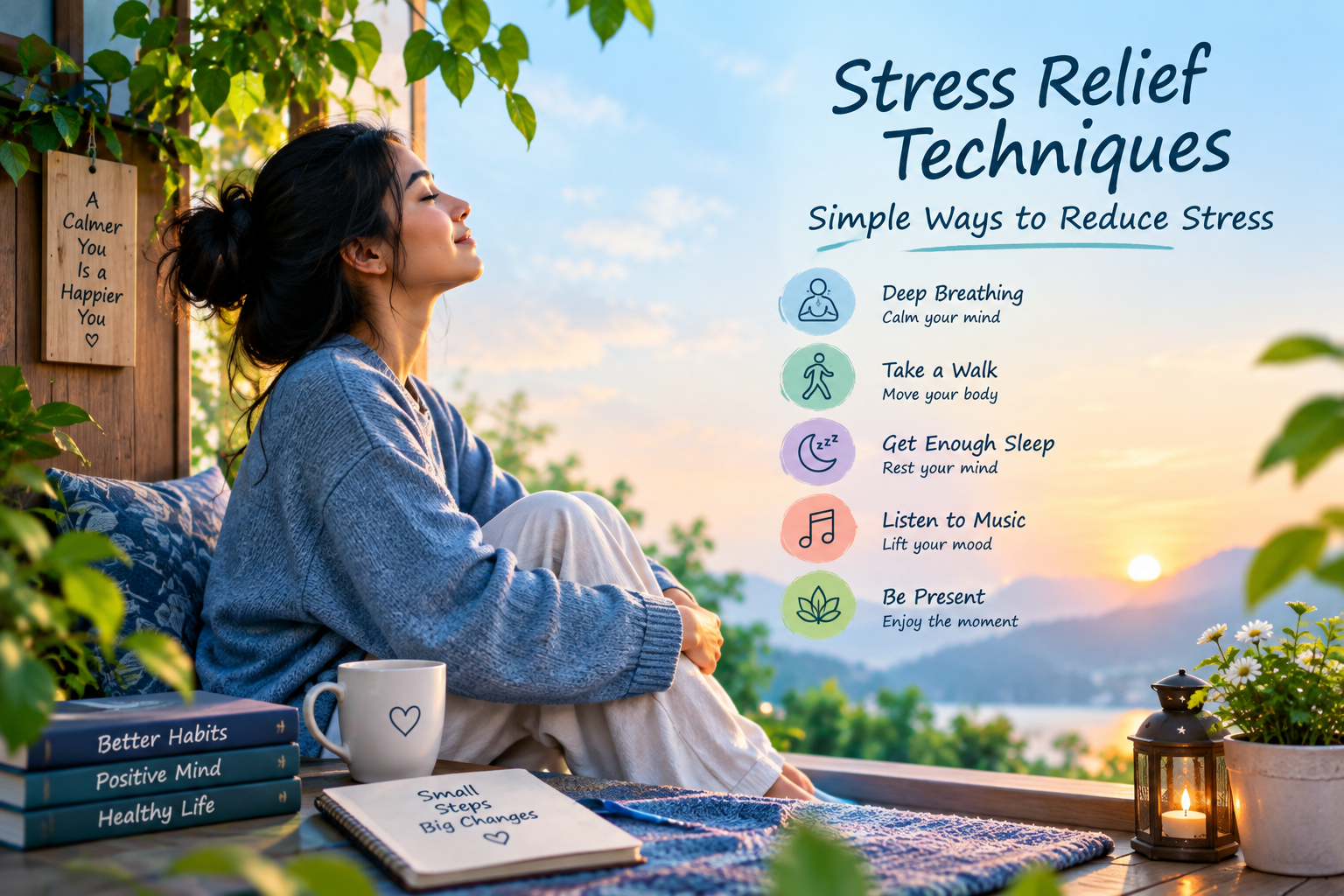 Stress relief techniques with a woman practicing meditation beside a peaceful lake