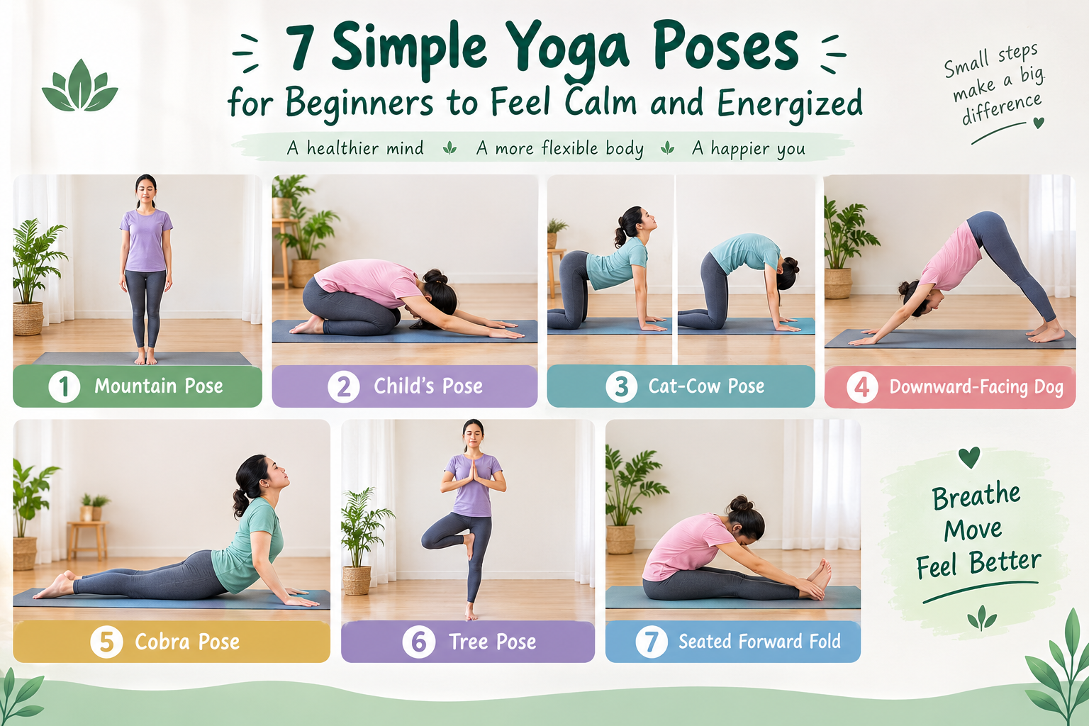 simple yoga poses for beginners, including Mountain Pose, Child’s Pose, Cat-Cow, Downward-Facing Dog, Cobra, Tree Pose, and Seated Forward Fold.