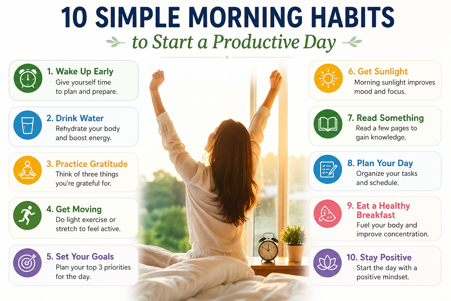 10 simple morning habits to start a productive day, including waking up early, drinking water, practicing gratitude, exercising, setting goals, getting sunlight, reading, planning the day, eating a healthy breakfast, and staying positive.