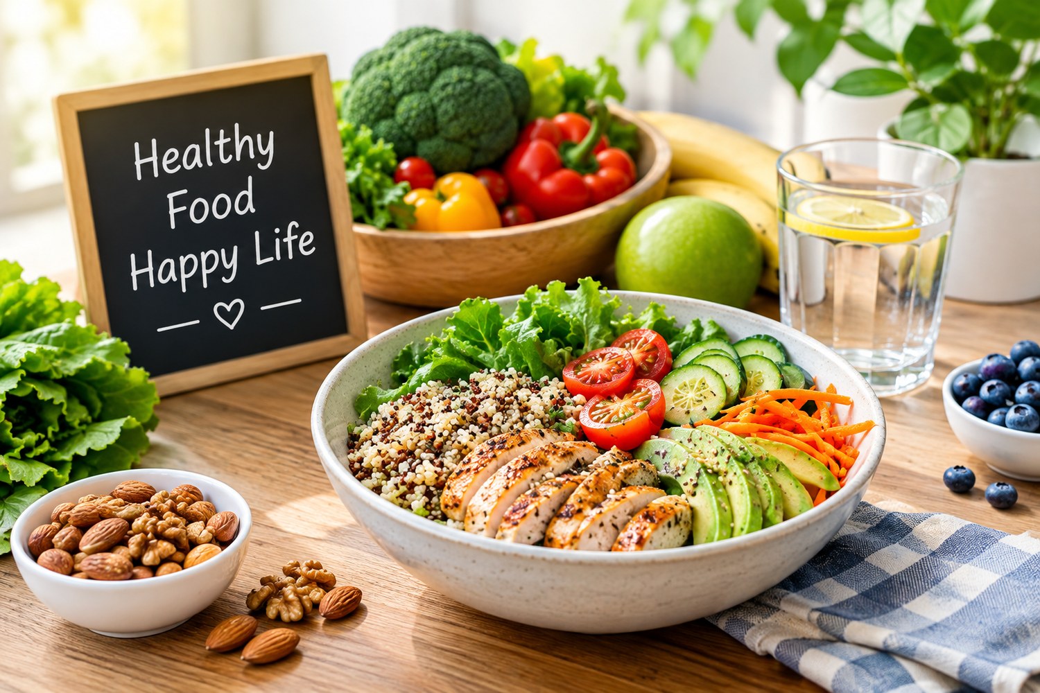 Healthy food bowl with fresh vegetables, grilled chicken, avocado, quinoa, fruits, nuts, and lemon water on a wooden table.