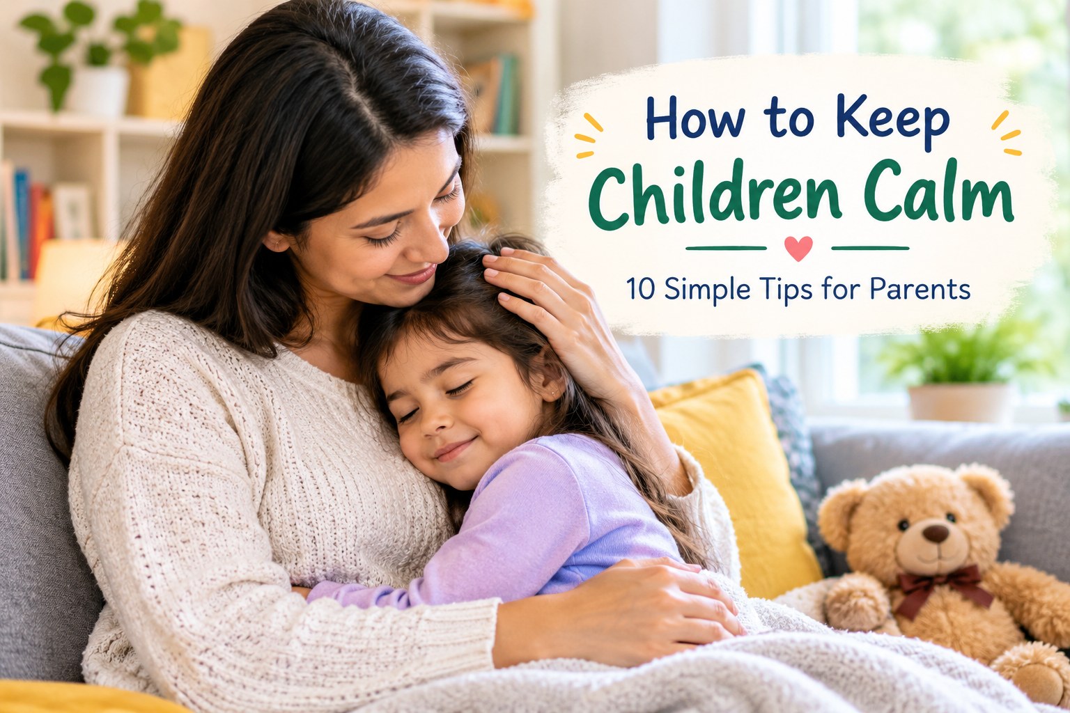 Parent comforting a calm child at home