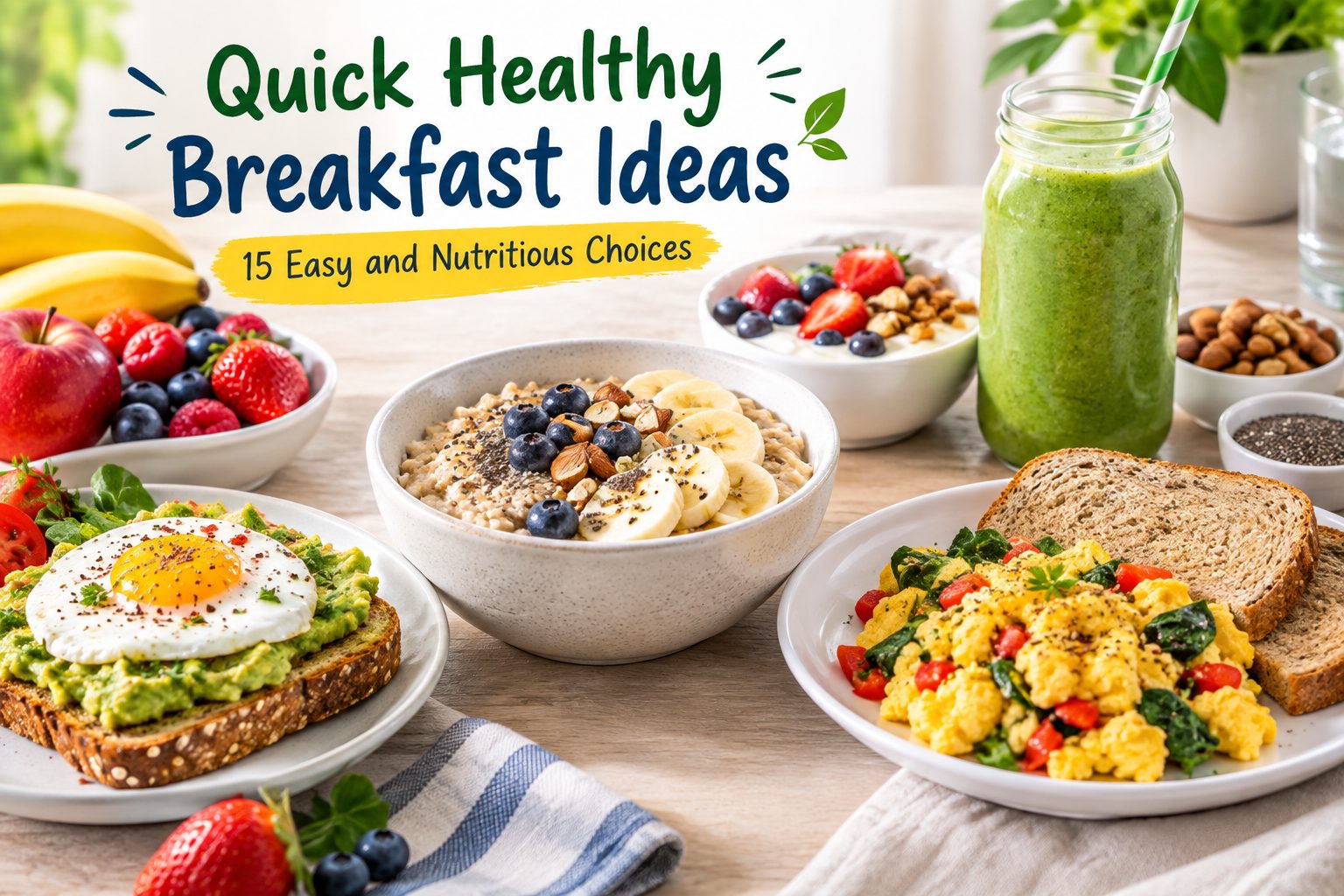 Quick healthy breakfast ideas with oatmeal, eggs, avocado toast, fruit, and smoothie.