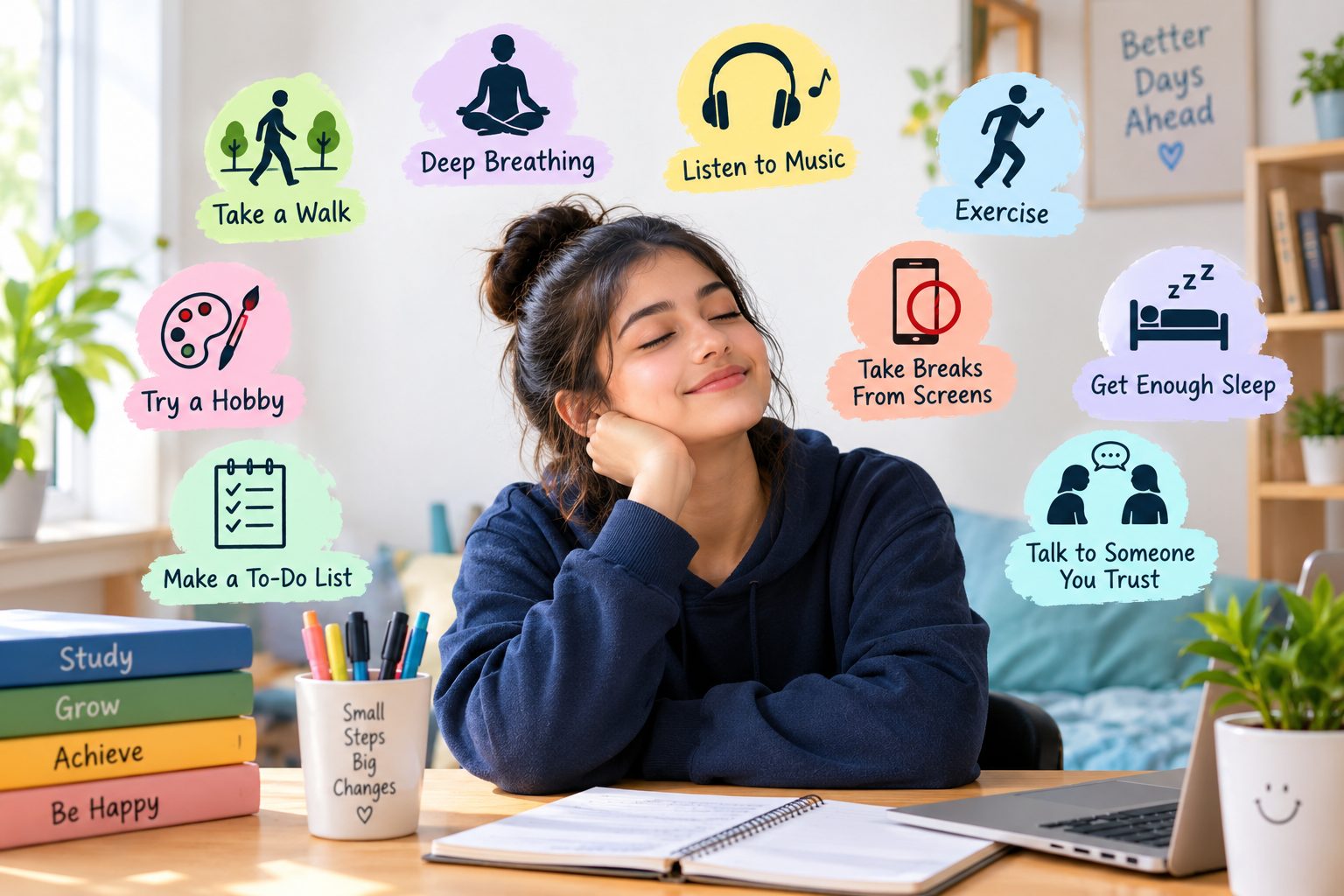 Stress relief activities for students in a calm study environment.