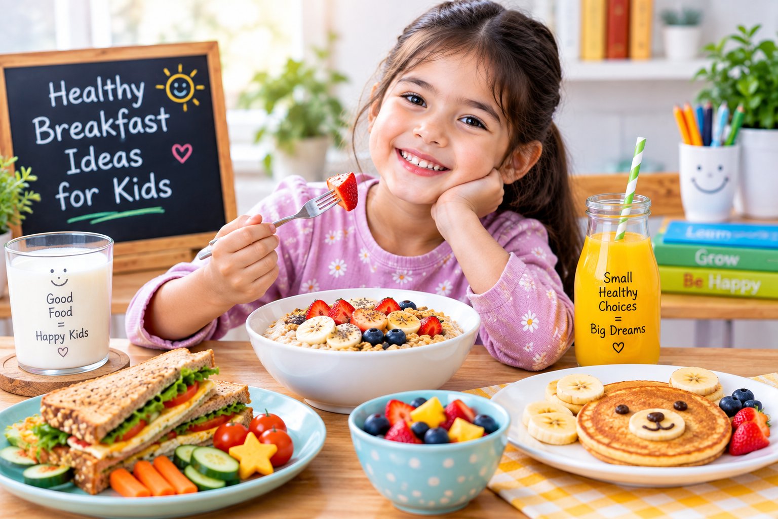 Healthy breakfast ideas for kids with fruit, oatmeal, pancakes, and sandwiches