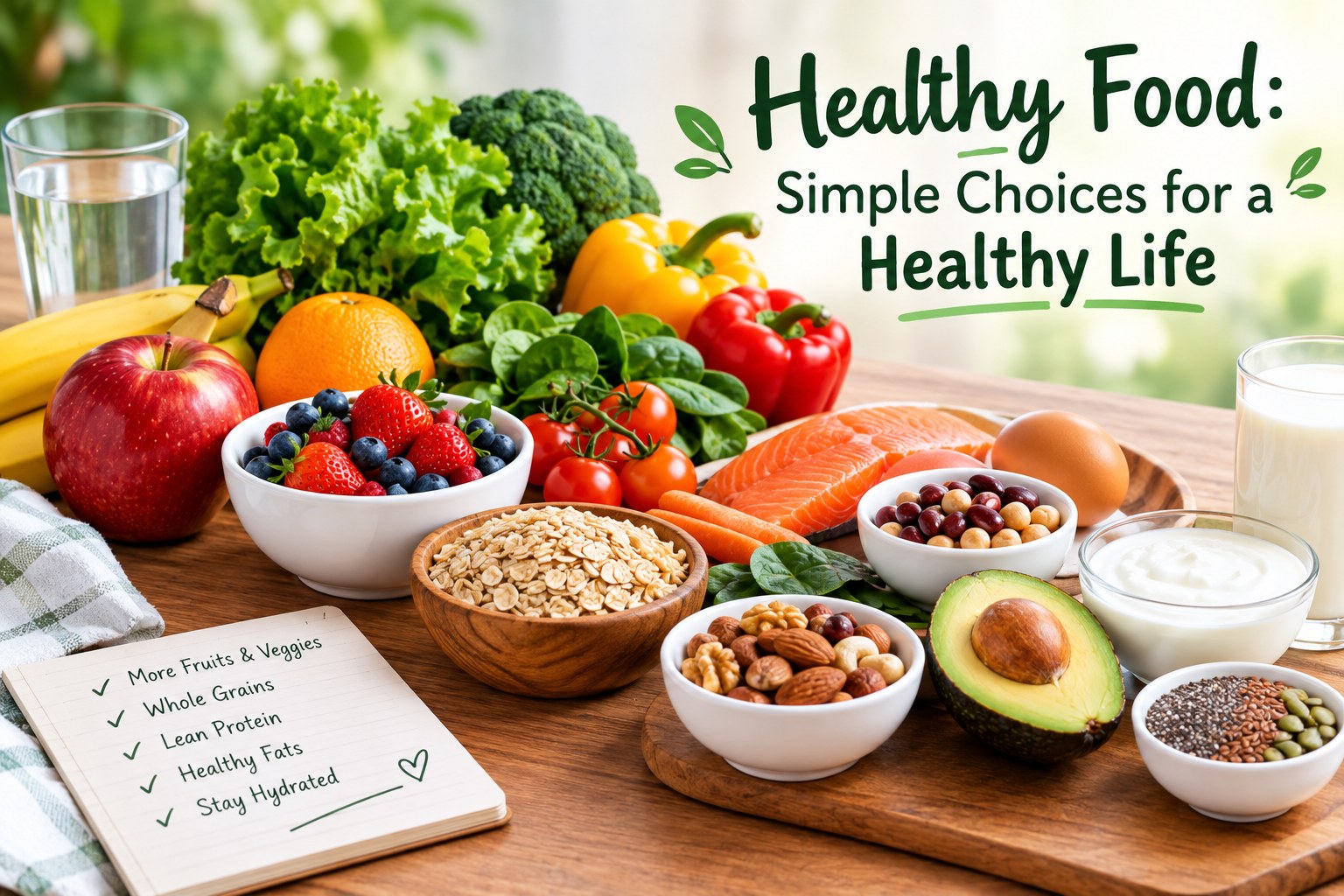 Healthy food choices including fruits, vegetables, whole grains, nuts, and protein-rich foods.