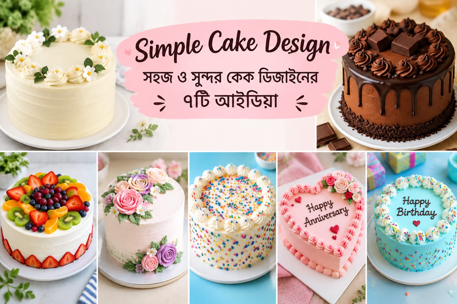 সহজ ও সুন্দর Simple Cake Design-এর ৭টি আইডিয়া জানুন। জন্মদিন, পার্টি ও বিশেষ অনুষ্ঠানের জন্য Minimal, Chocolate, Fruit ও Floral Cake Design বেছে নিন।