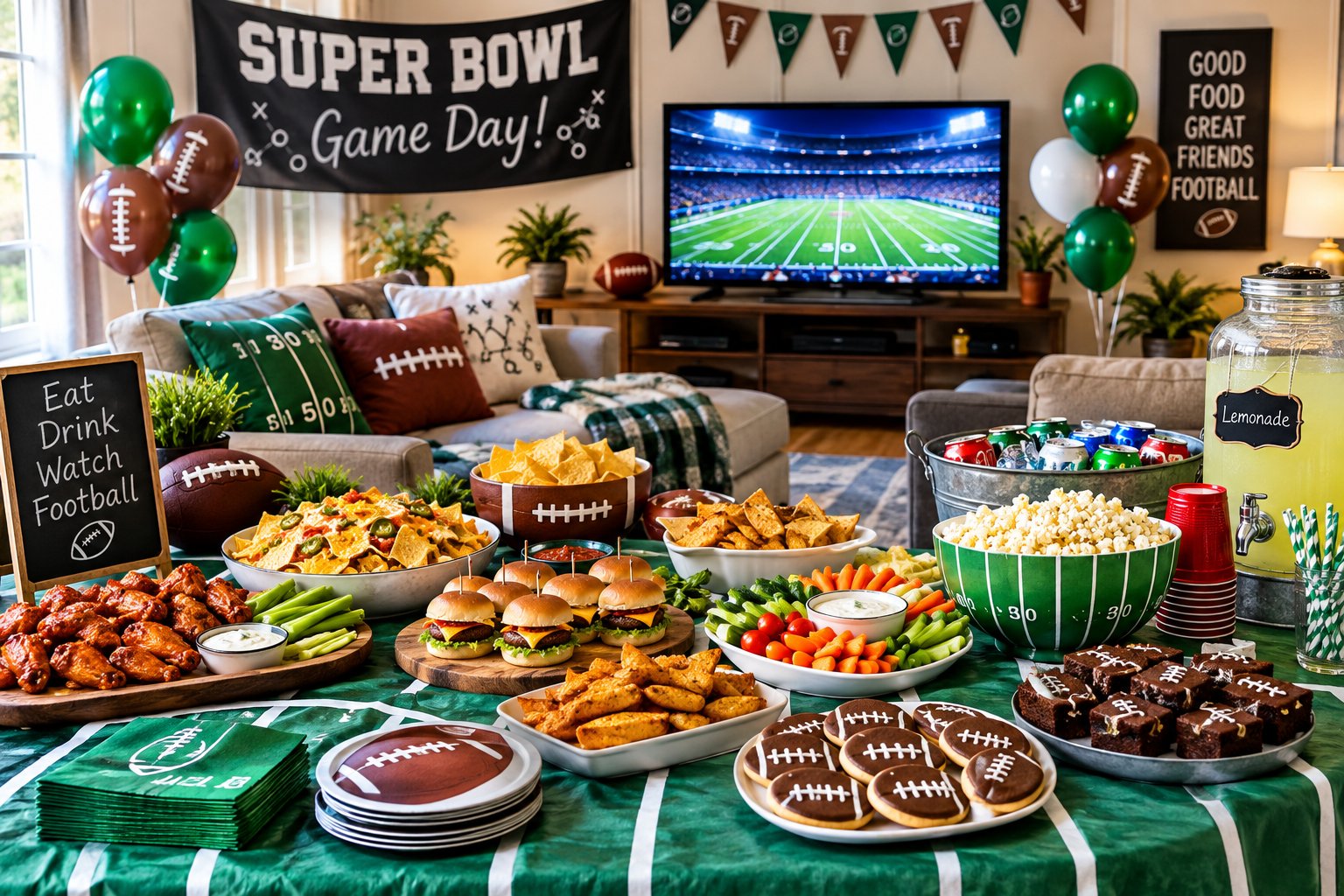 Super Bowl party ideas with football decorations, snacks, and drinks.