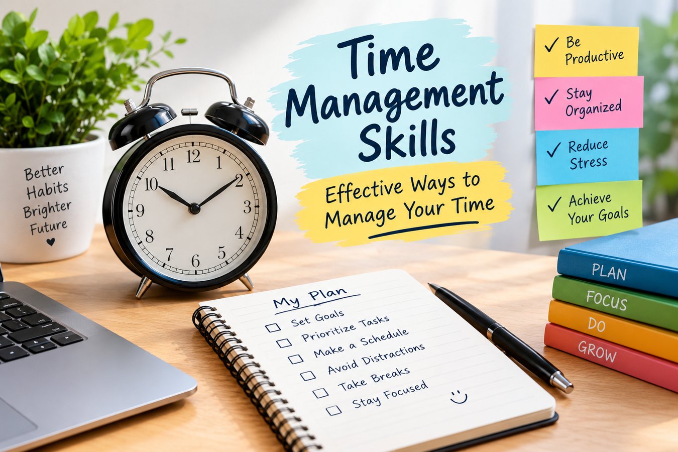 Time management skills with a clock, planner, checklist, and productivity notes on a desk.